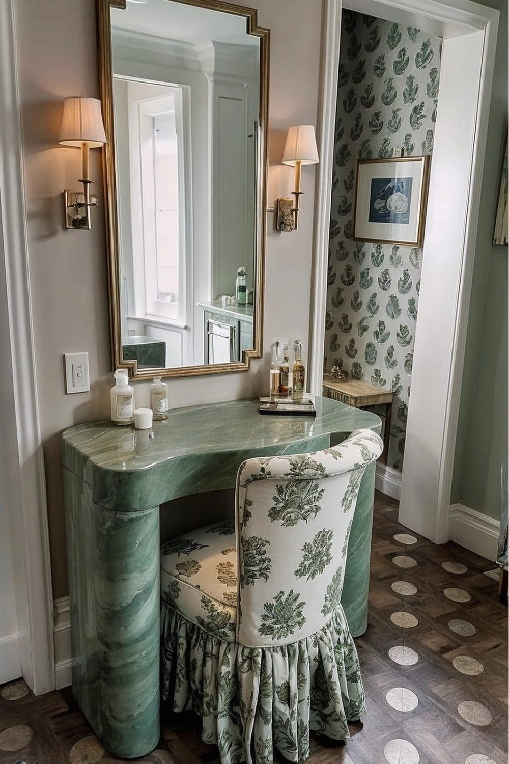 Elegant marble vanity arranged with cosmetics in warm ambient light